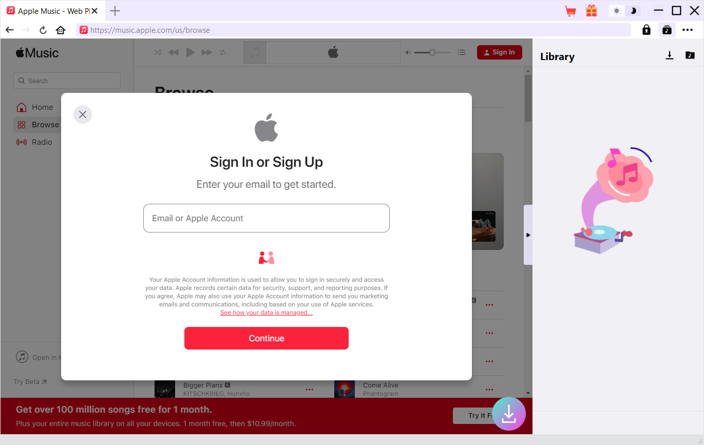 Step 2: Open music.apple.com with SongGet and log in