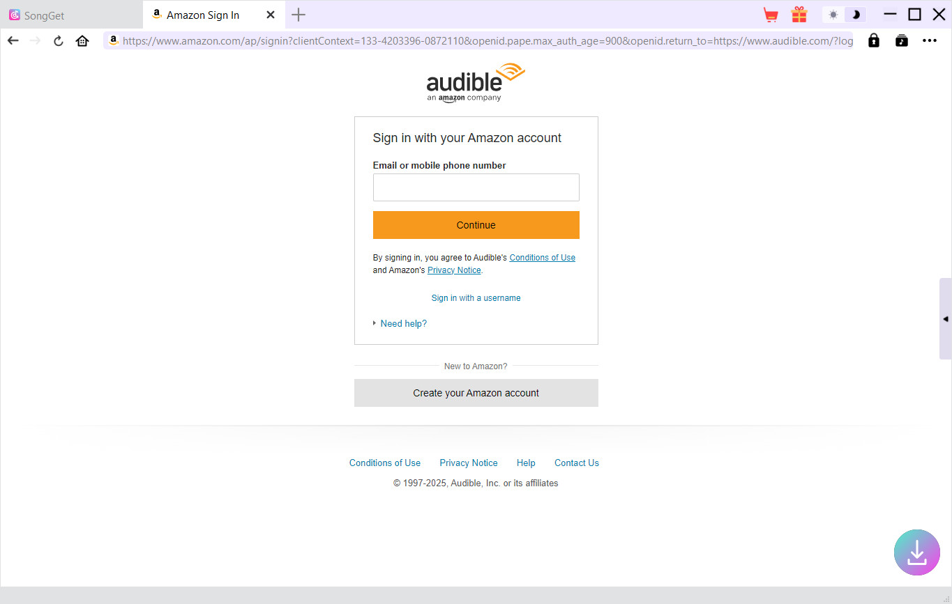 Step 2: Open Audible website within SongGet and log in
