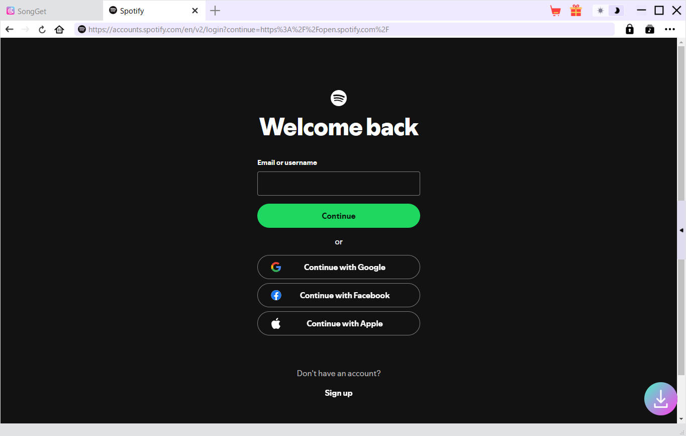 SongGetの内蔵ブラウザを使ってSpotifyアカウントへ安全にログインする画面