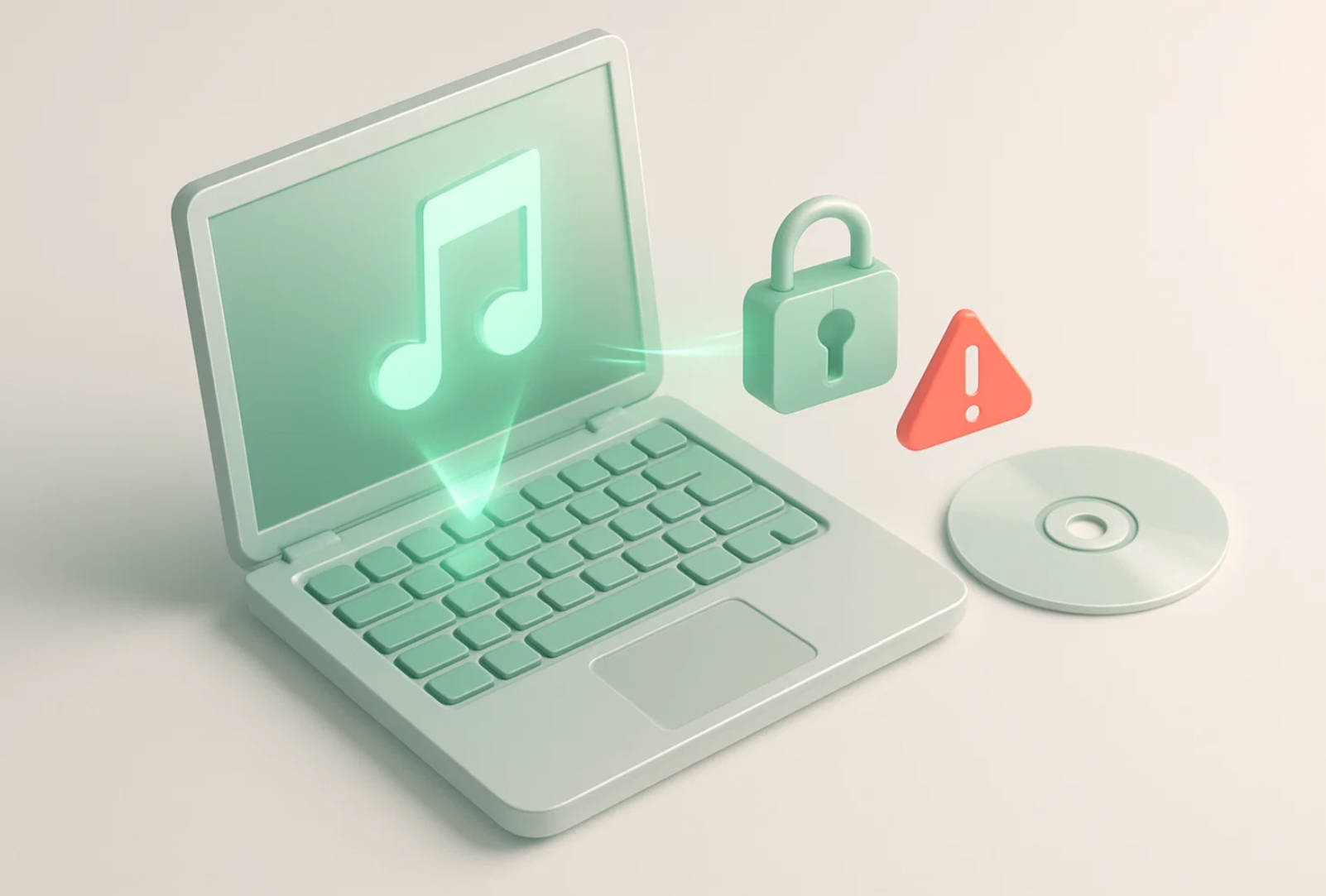 Apple Musicの音楽データをCDに焼こうとしてDRM保護機能によりブロックされている様子の3Dアイソメトリックイラスト