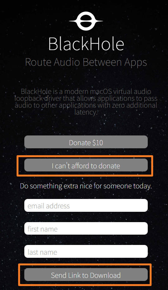 BlackHoleの登録フォームにメールアドレスと氏名を入力し「Send Link to Download」をクリックする画面