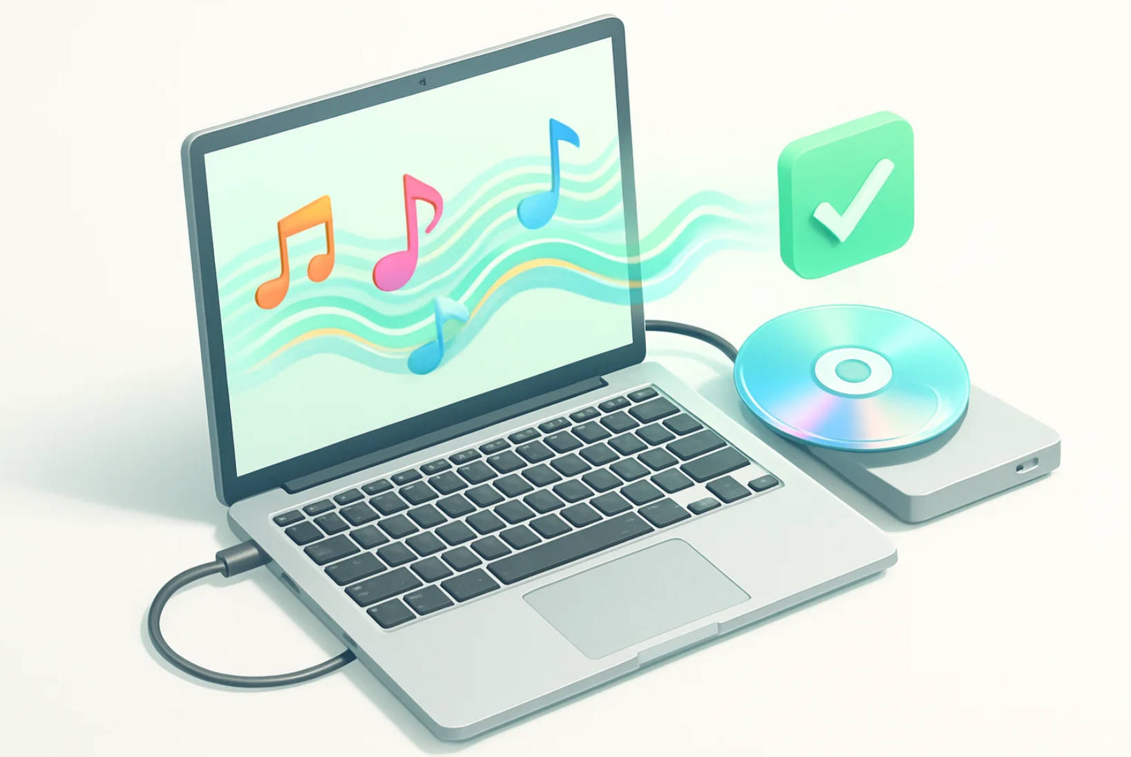 PCからCD-Rへ変換したApple Musicの楽曲データを書き込んでいる様子の3Dイラスト