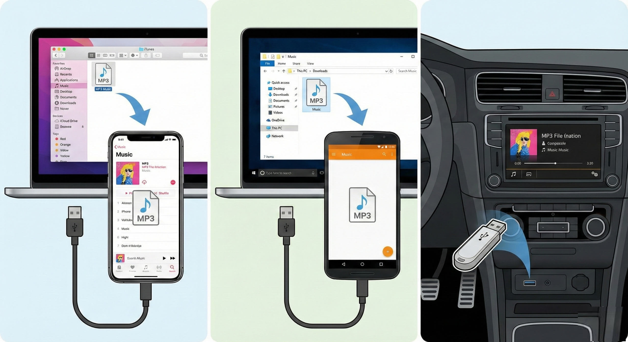 作成したMP3ファイルをスマホやUSBに転送するイメージ図