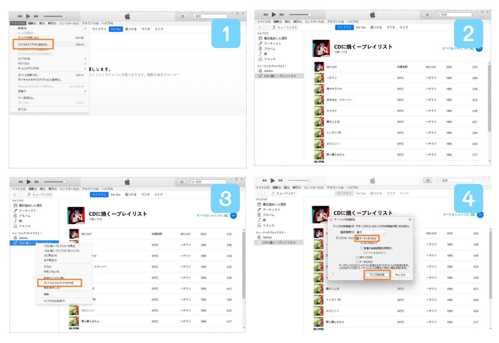 iTunesでプレイリストからディスクを作成する設定画面