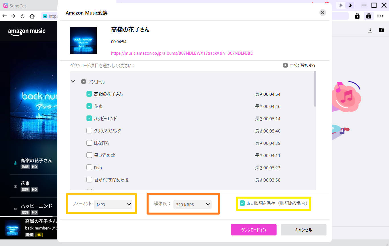 MP3形式への変換や歌詞保存の設定を行い、ダウンロードを開始する画面