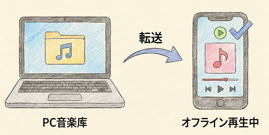 PCからスマホへ音楽ファイルを転送し、オフラインで再生しているイメージ図