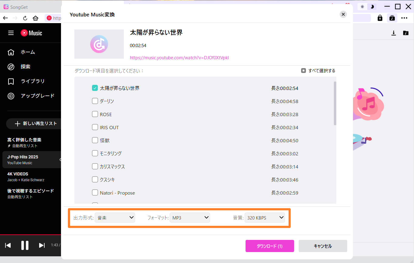 出力形式（MP3/320kbps）を選択している設定画面