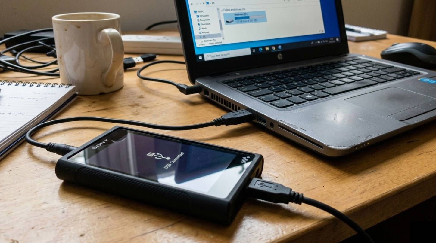 WindowsパソコンにUSB接続されたウォークマン NW-A50（筆者撮影）