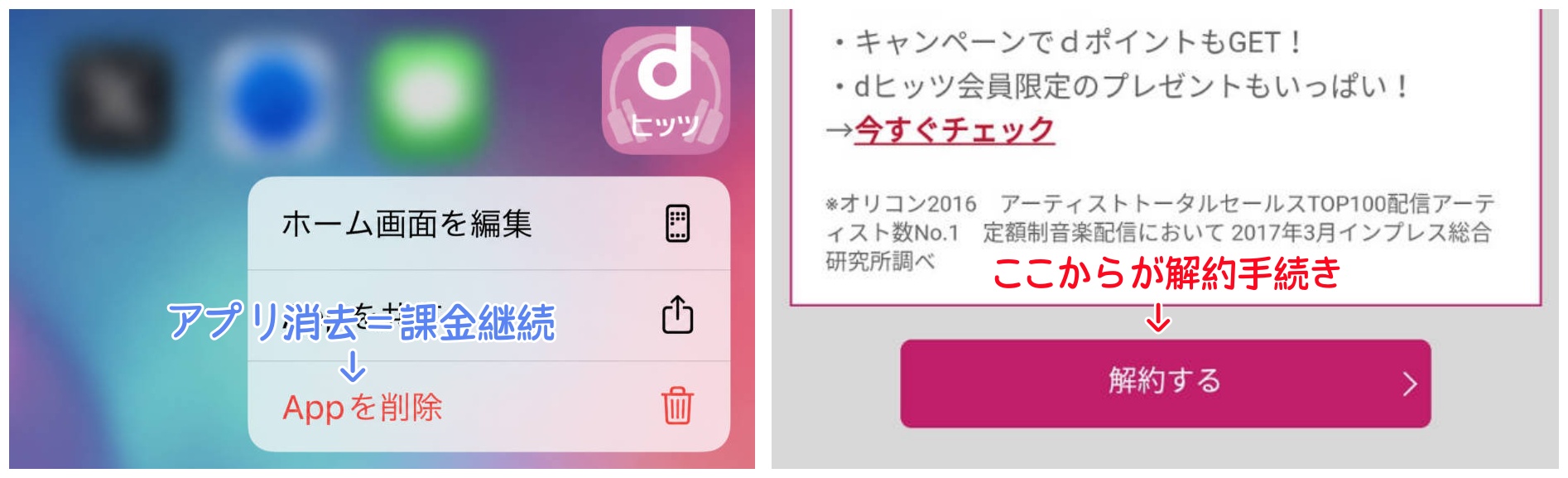 dヒッツアプリのアンインストールと解約の違いを示す画面
