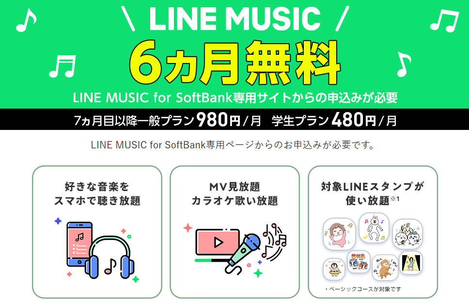 LINE MUSIC for SoftBank「6ヶ月無料」キャンペーンページ（Y!mobile対象）
