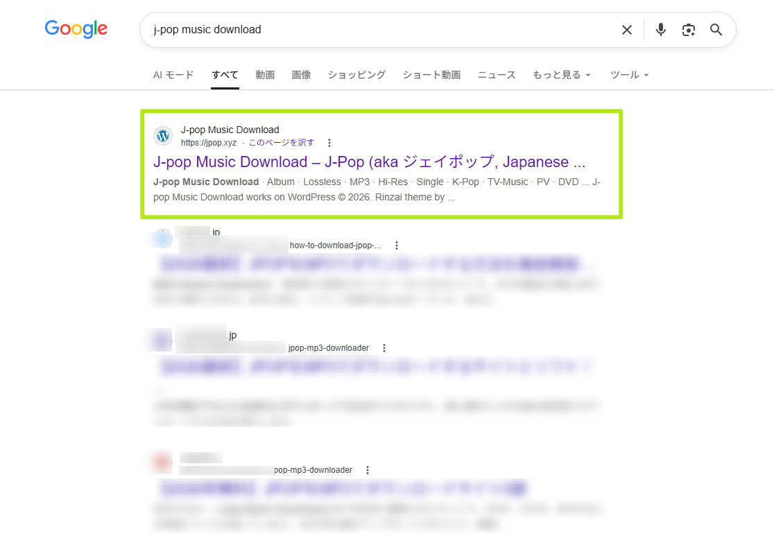 「j-pop music download」で検索した際にjpop.xyzが上位表示される様子