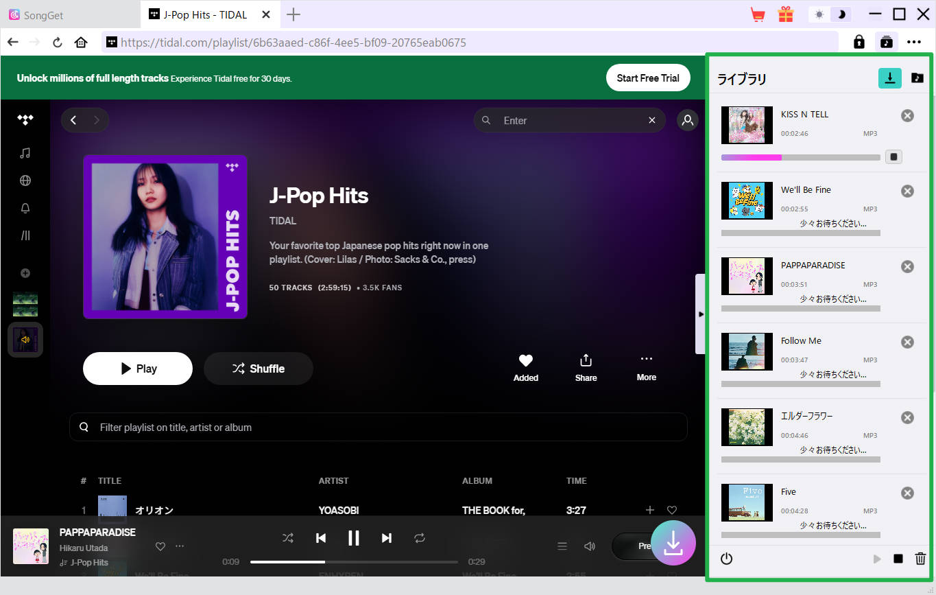 SongGetでTidalの曲を変換している最中の進捗画面