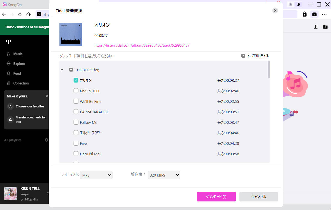 SongGetで出力形式(MP3/FLAC)を指定 SongGetで楽曲を選択し出力形式MP3・FLACを指定している画面