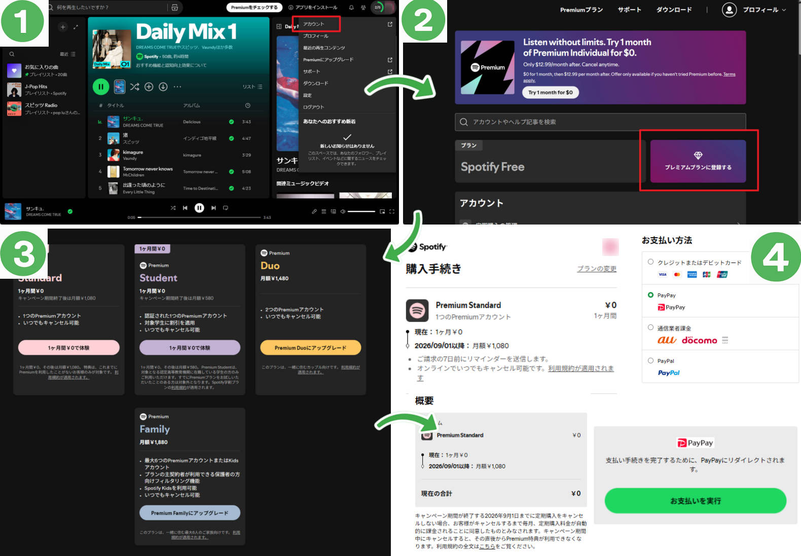 無料から有料への切り替え4ステップの操作画面