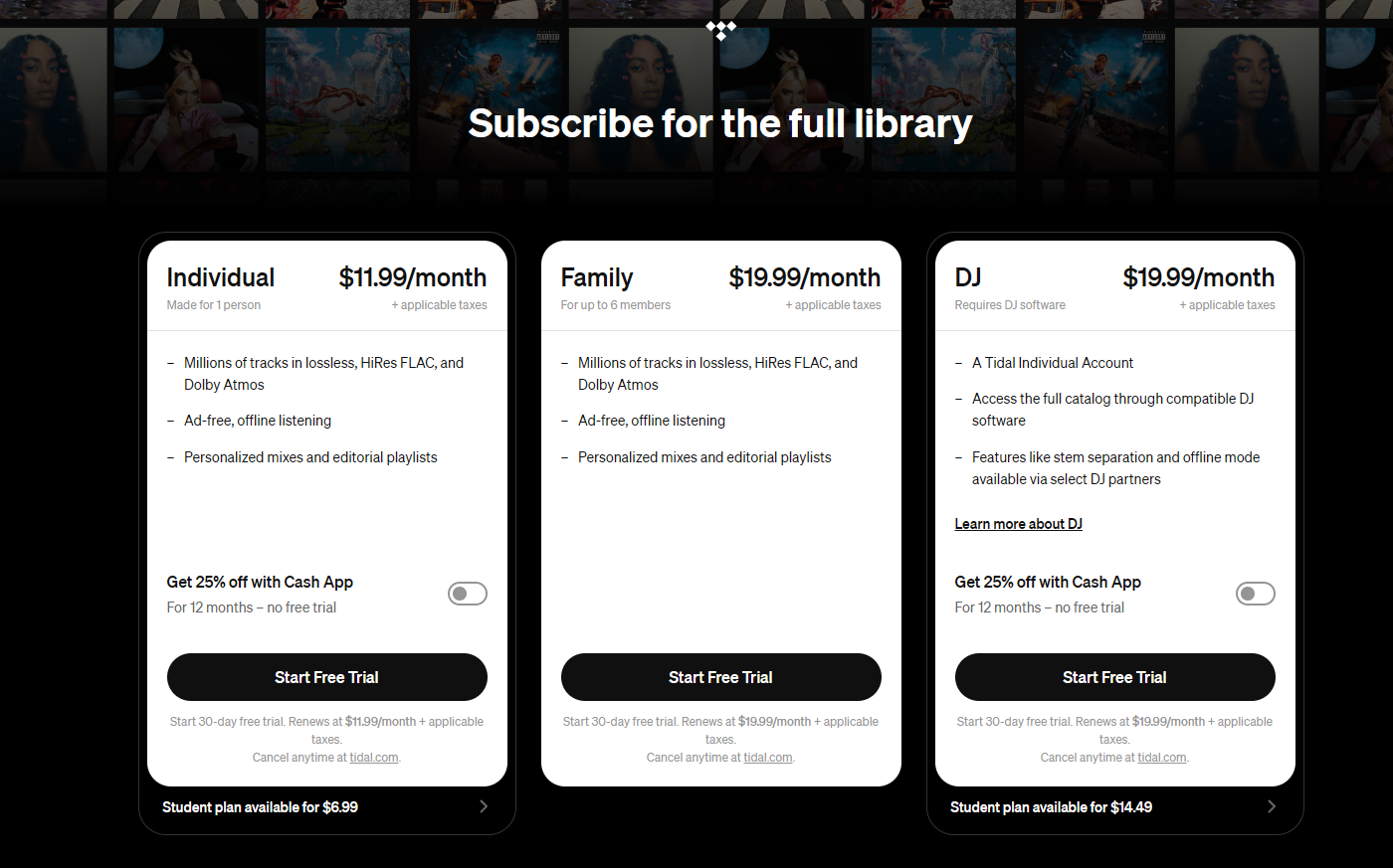 Tidal公式サイトの料金プラン一覧画面（米ドル表示）