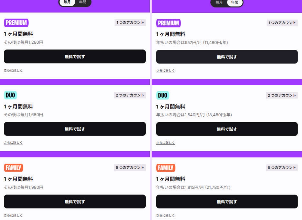 Deezerの料金プラン一覧画面（Premium・Duo・Family）