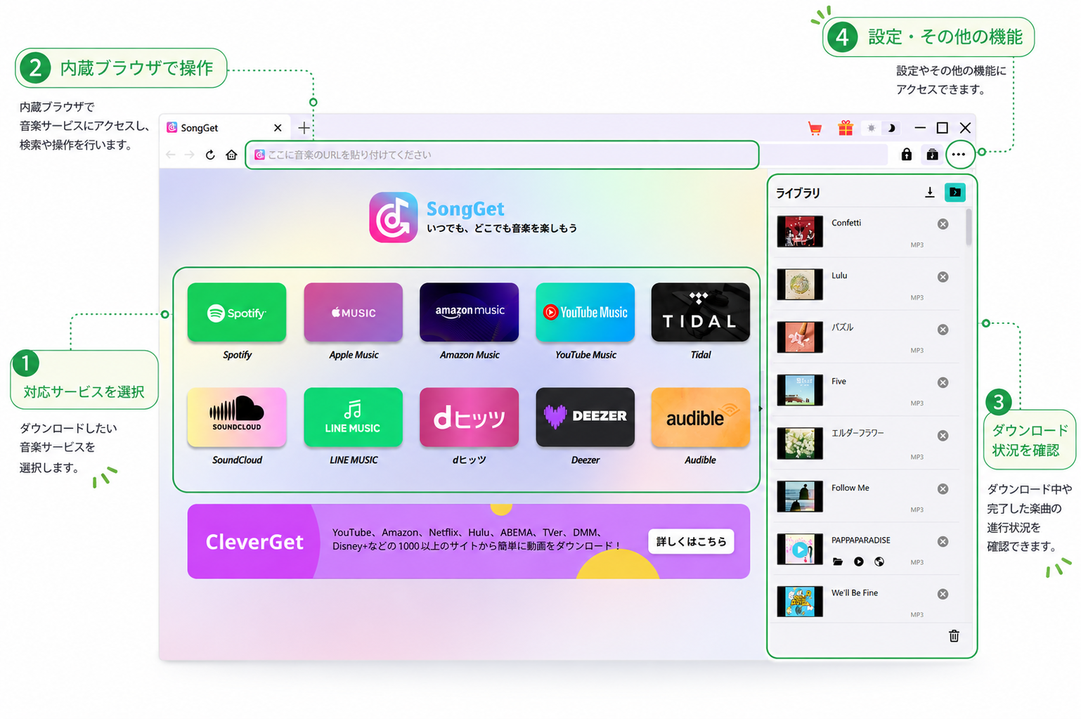 SongGet画面の4つのエリアを解説した図