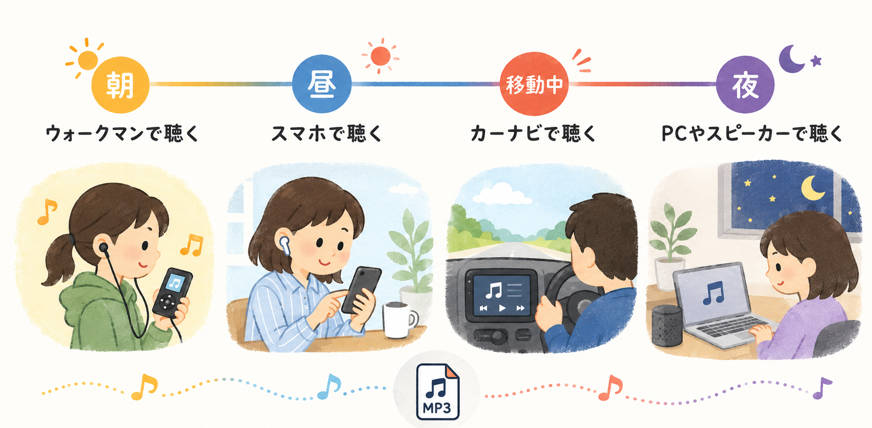SongGetで保存した音楽をカーステレオ・スマホ・ウォークマンに転送して聴くイメージ