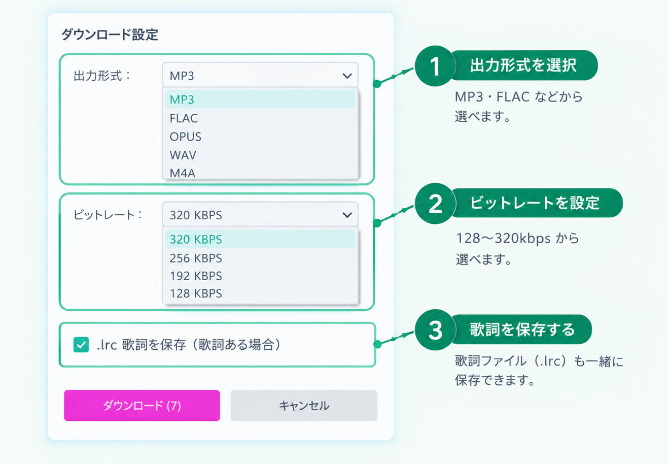 出力形式とビットレートの設定画面